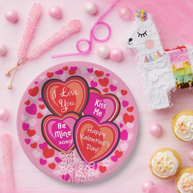 Valentine Heart Balloons Round Paper Party Plates (Party)
