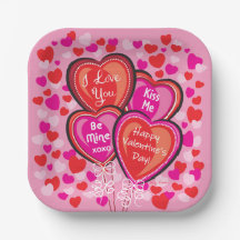 Valentine Heart Balloons Square Paper Party Plates