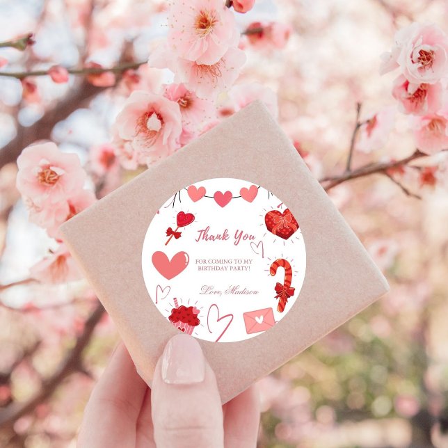 Valentine heart Birthday Party thank You Classic Round Sticker (Creator Uploaded)