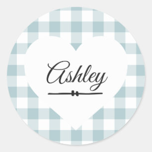 Valentine Heart Blue Gingham Pattern Name Monogram Classic Round Sticker
