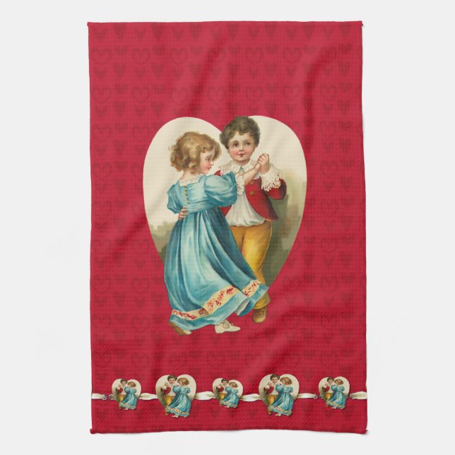 Valentine Heart Boy and Girl Dancing Tea Towel (Vertical)