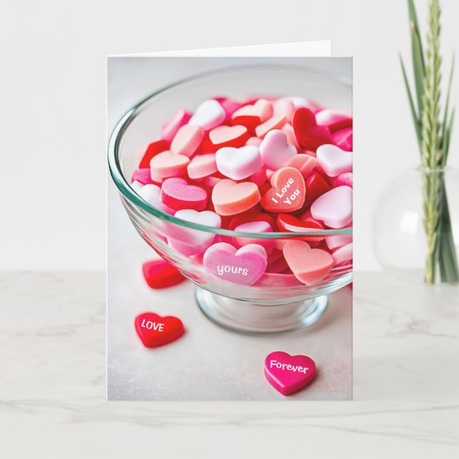 Valentine Heart Candy In Bowl Holiday Card (Front)