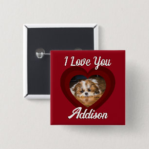 Valentine heart dog love Custom photo name on red 15 Cm Square Badge