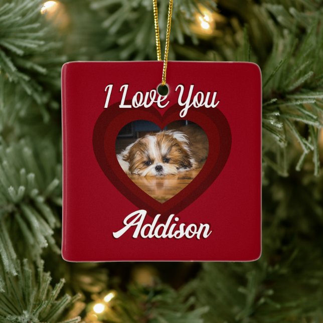 Valentine heart dog love Custom photo name on red Ceramic Ornament (Tree)