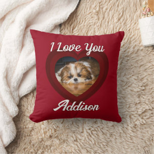 Valentine heart dog love Custom photo name on red Cushion
