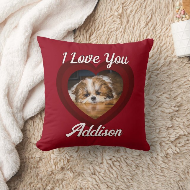 Valentine heart dog love Custom photo name on red Cushion (Blanket)