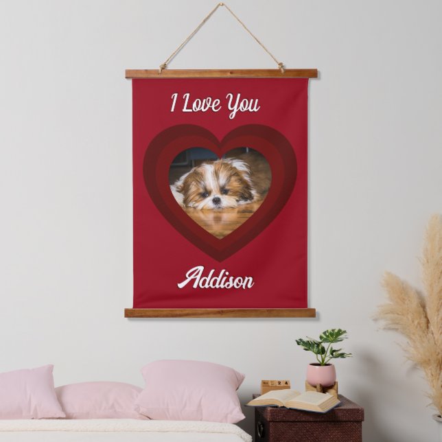 Valentine heart dog love Custom photo name on red Hanging Tapestry (Bedroom)