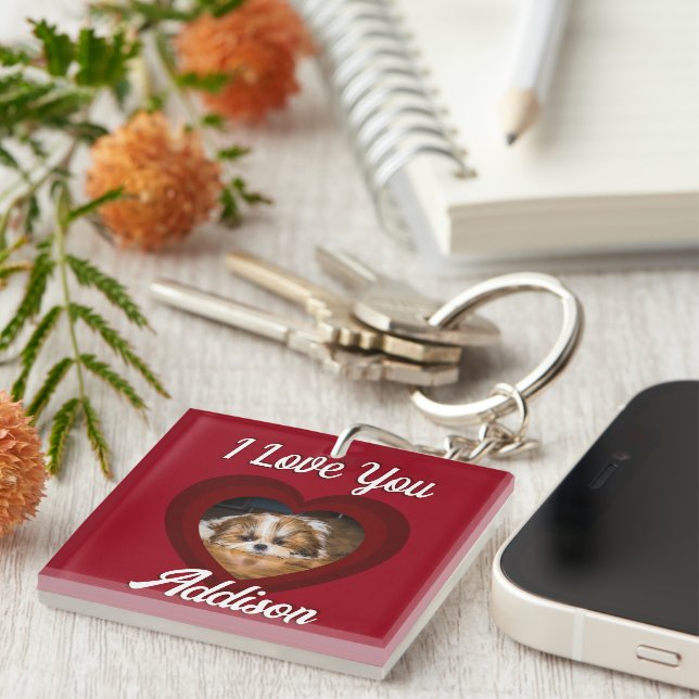 Valentine heart dog love Custom photo name on red Key Ring (Front Right)