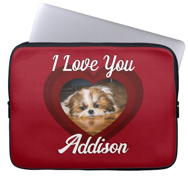 Valentine heart dog love Custom photo name on red Laptop Sleeve (Front)