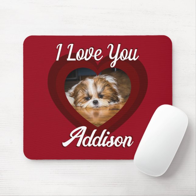 Valentine heart dog love Custom photo name on red Mouse Mat (With Mouse)