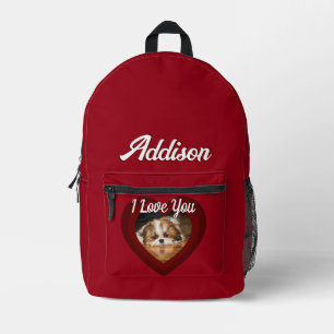 Valentine heart dog love Custom photo name on red Printed Backpack