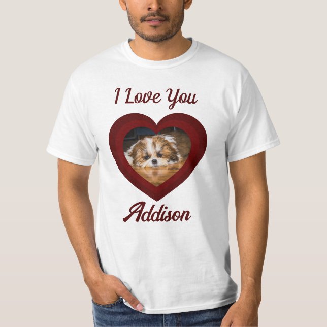 Valentine heart dog love Custom photo name on red T-Shirt (Front)