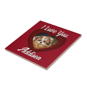 Valentine heart dog love Custom photo name on red Tile