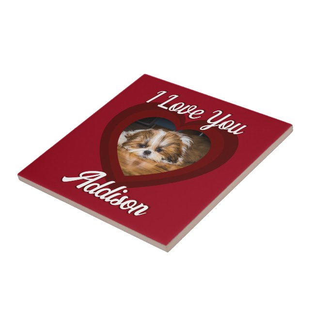 Valentine heart dog love Custom photo name on red Tile (Side)