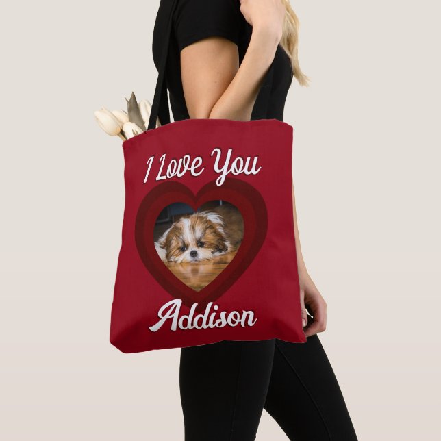 Valentine heart dog love Custom photo name on red Tote Bag (Close Up)