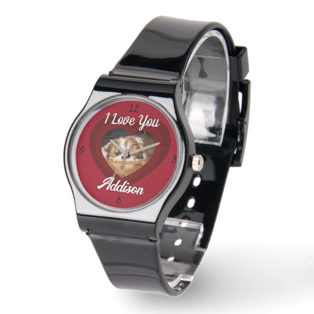 Valentine heart dog love Custom photo name on red Watch (Angle)