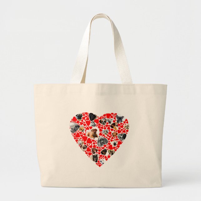 Valentine Heart Dog Photo Collage Large Tote Bag (Front)