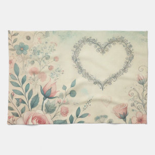 Valentine heart floral vintage pastel watercolor tea towel