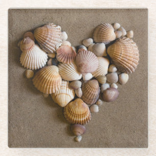 Valentine Heart Made with Shells Glass Coaster