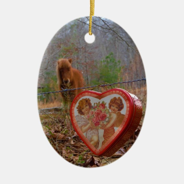 Valentine Heart  Miniature brown Horse Ceramic Tree Decoration (Front)