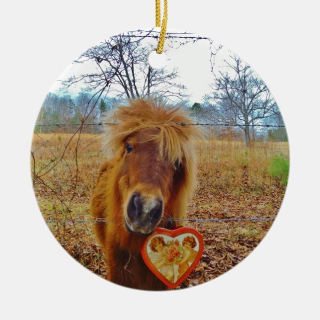 Valentine Heart  Miniature brown Horse Ceramic Tree Decoration (Front)