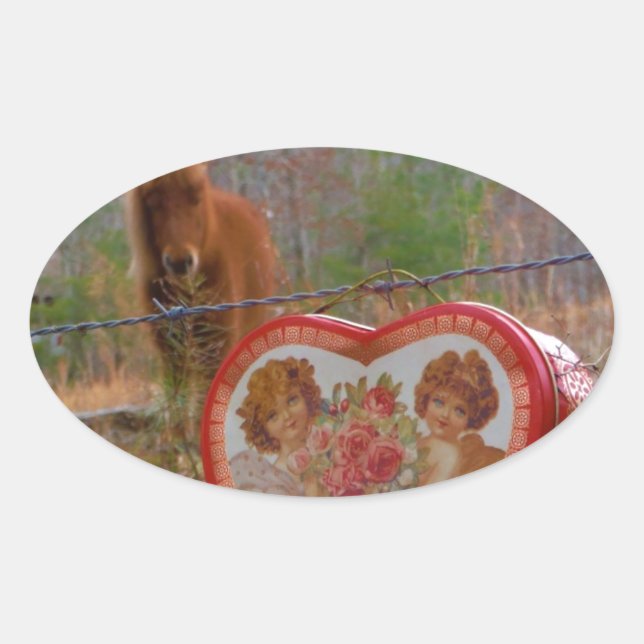 Valentine Heart  Miniature brown Horse Oval Sticker (Front)