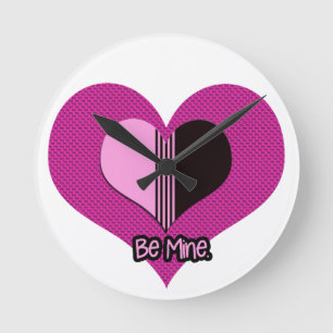 Valentine Heart Pink and Black Be Mine Round Clock