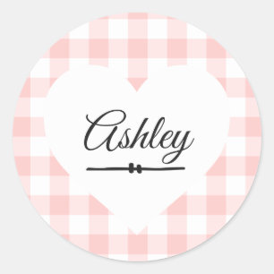 Valentine Heart Pink Gingham Pattern Name Monogram Classic Round Sticker