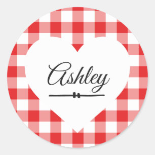 Valentine Heart Red Gingham Pattern Name Monogram Classic Round Sticker