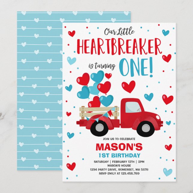 Valentine Heartbreaker 1st Birthday Red Blue Truck Invitation (Front/Back)
