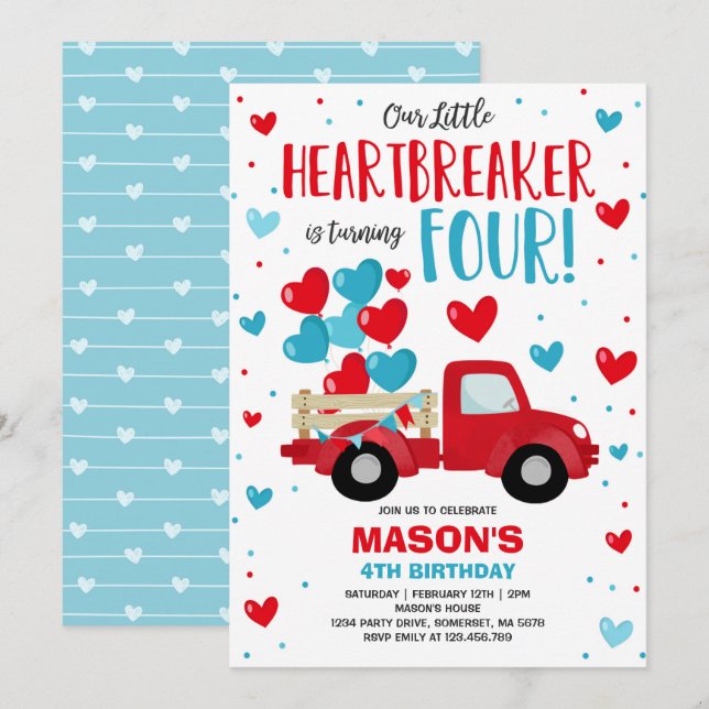 Valentine Heartbreaker 4th Birthday Red Blue Truck Invitation (Front/Back)