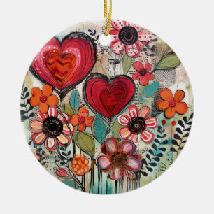 Valentine Hearts And Flowers Ceramic Tree Decoration
