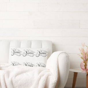 Valentine Hearts and Kisses Black on White Lumbar Cushion