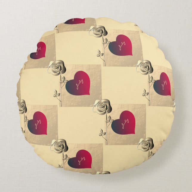 Valentine Hearts and Roses Round Cushion (Front)