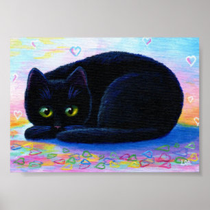 Valentine Hearts Black Cat Art Poster