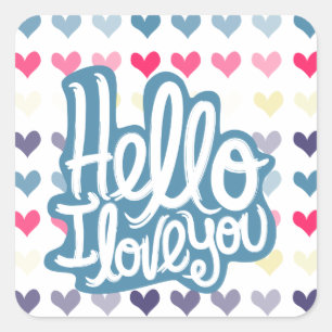 Valentine Hearts Blue Hello, I Love You Square Sticker