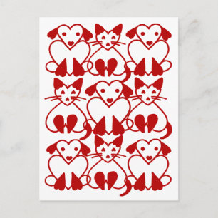 Valentine Hearts Cats & Dogs Pink Red Pet Postcard