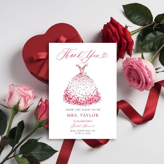 Valentine Hearts Dress Bow Bridal Shower Thank You (valentine bridal shower thank you card elegant dress red hearts bow calligraphy romantic elegant)
