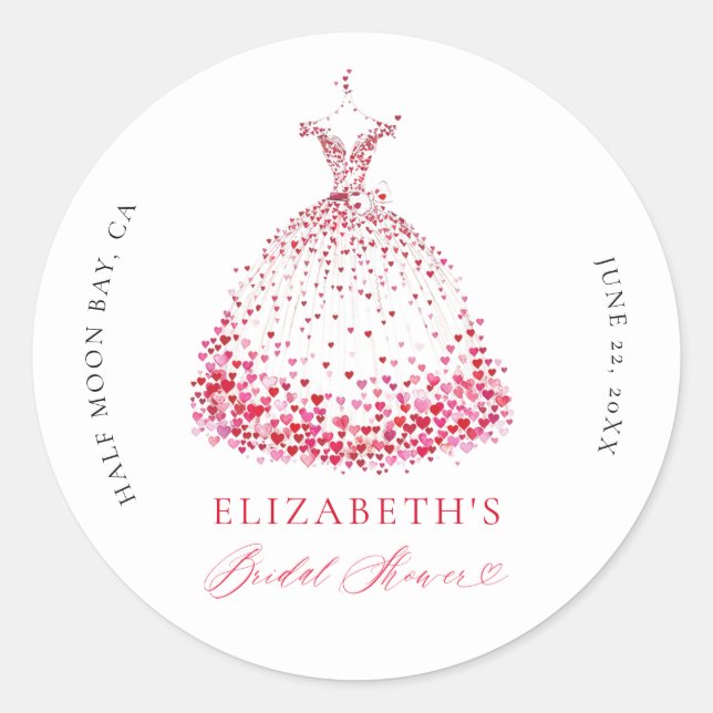 Valentine Hearts Dress Bow Elegant Bridal Shower Classic Round Sticker (Front)