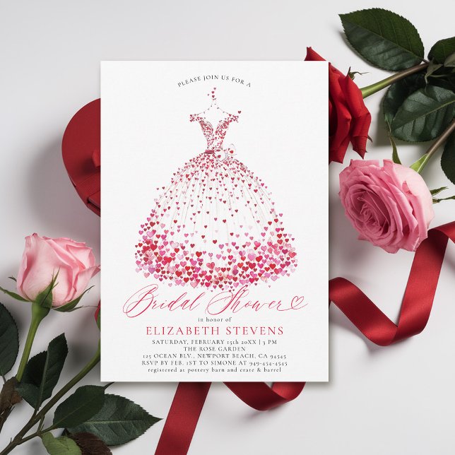 Valentine Hearts Dress Elegant Bow Bridal Shower Invitation (valentine bridal shower invitations whimsical hearts watercolor elegant dress bow modern minimalist)
