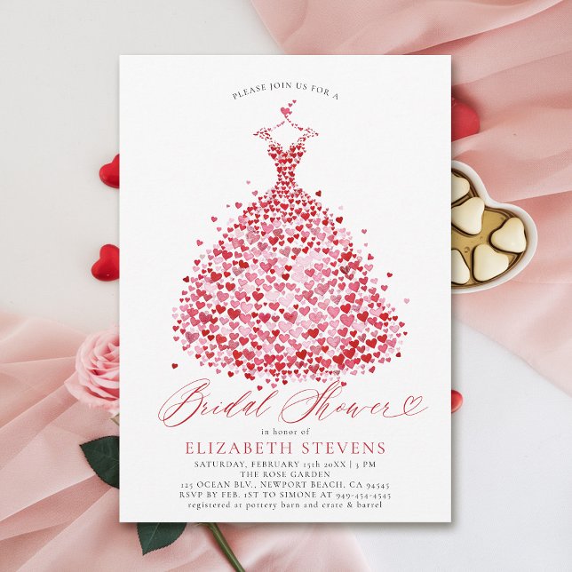 Valentine Hearts Dress Elegant Red Bridal Shower Invitation (valentine bridal shower invitations whimsical hearts watercolor elegant dress modern minimalist red)