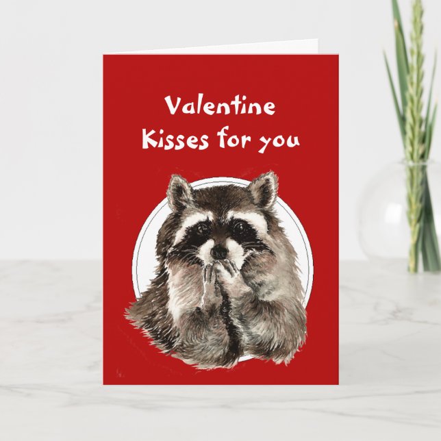 Valentine Hearts for Friend Racoon Blowing Kisses Holiday Card (Front)