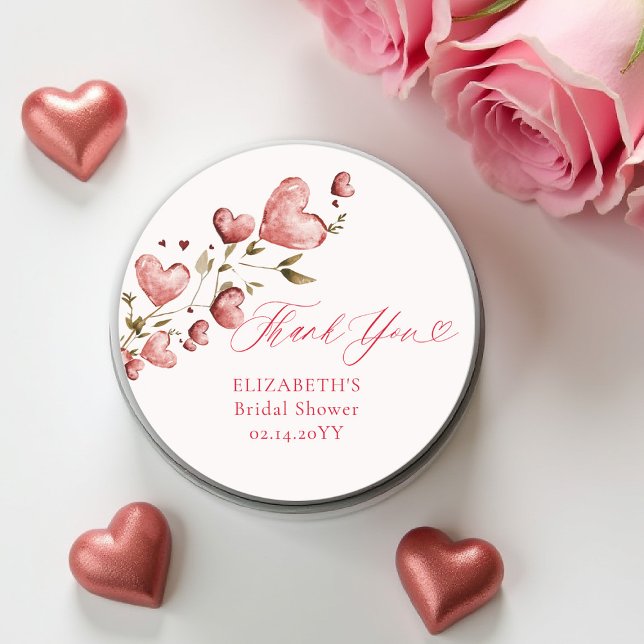 Valentine Hearts Love Garden Pink Bridal Shower Classic Round Sticker (valentine bridal shower sticker watercolor hearts vine romantic lovebirds february love in the air)