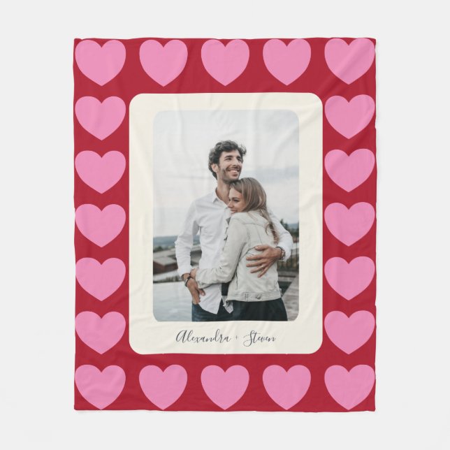Valentine Hearts | Pink and Red Personalised Photo Fleece Blanket (Front)