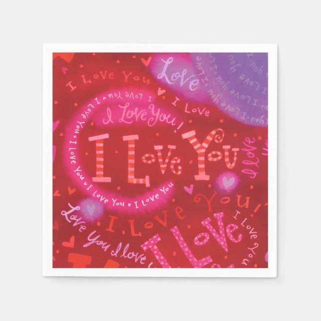Valentine Hearts Pink Red I Love You Typography Napkin (Front)
