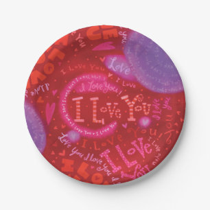 Valentine Hearts Pink Red I Love You Typography Paper Plate