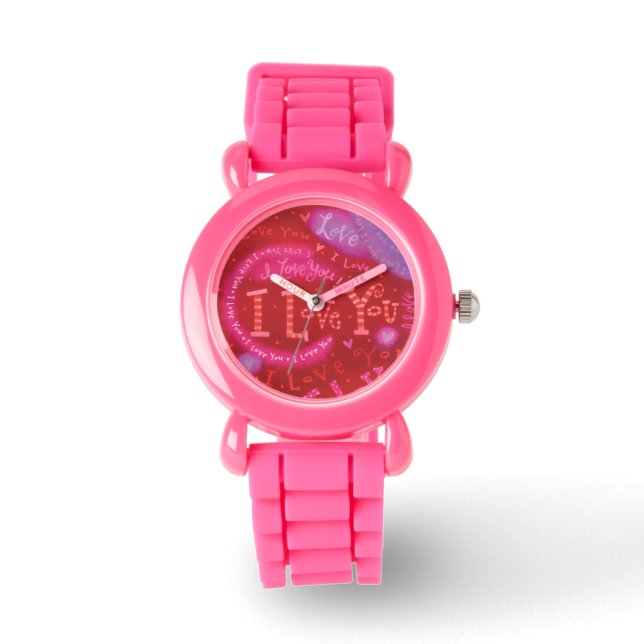Valentine Hearts Pink Red I Love You Typography Watch (Front)