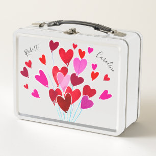 Valentine Hearts Pink Red Typorgraphy Personalised Metal Lunch Box