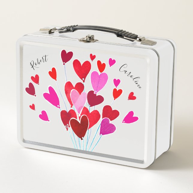 Valentine Hearts Pink Red Typorgraphy Personalised Metal Lunch Box (Front)