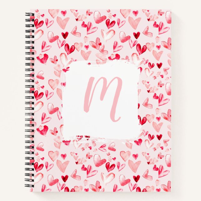 Valentine Hearts Whimsical Watercolor Monogram  Notebook (Front)